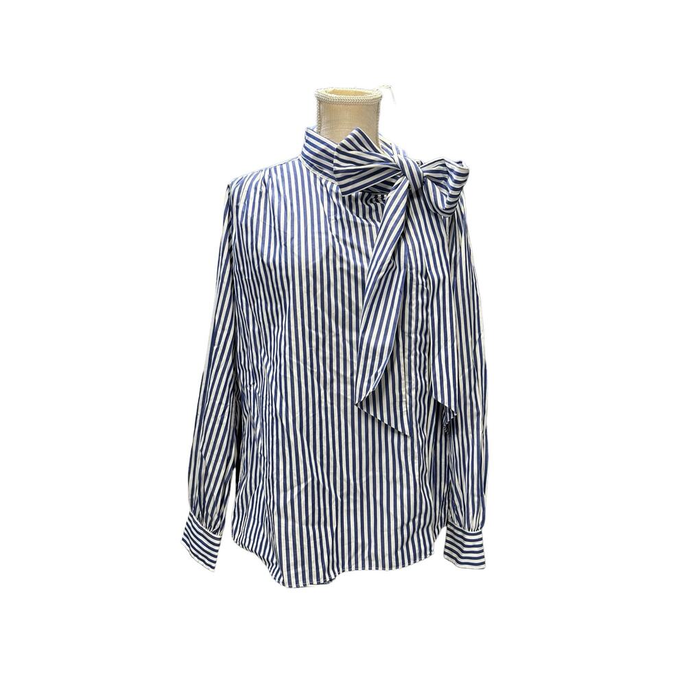 Ann Mashburn Blue and White Striped Tie Neck Long Sleeve Button Front Blouse